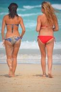 two young women in bikini on the sea beach