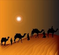 clipart of the camel train in desert at sunset