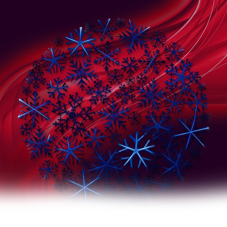 Different snowflakes in the form of a ball on a postcard
