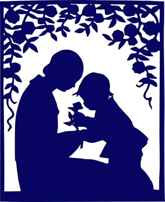 clipart of the silhouette of mother and baby under tree branches