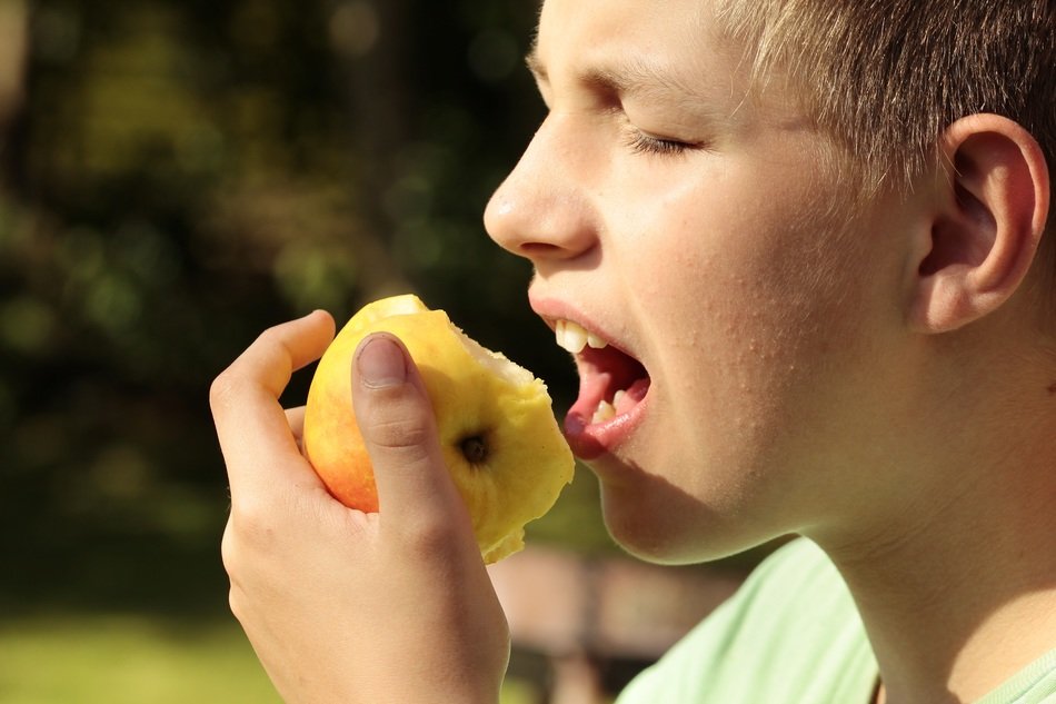 Boy is eating an yellow apple