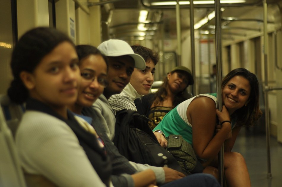 happy people in the subway car