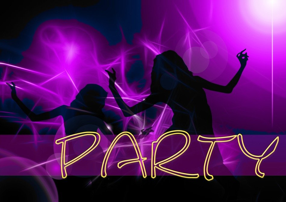 Silhouettes in motion against the background of the word party