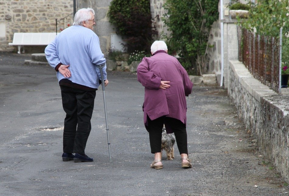 Rear view of the elderly with canes