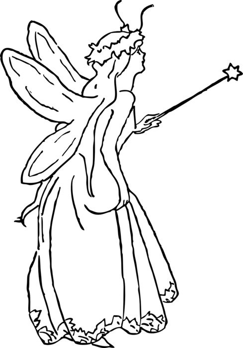 winged fairy with magic stick, outline