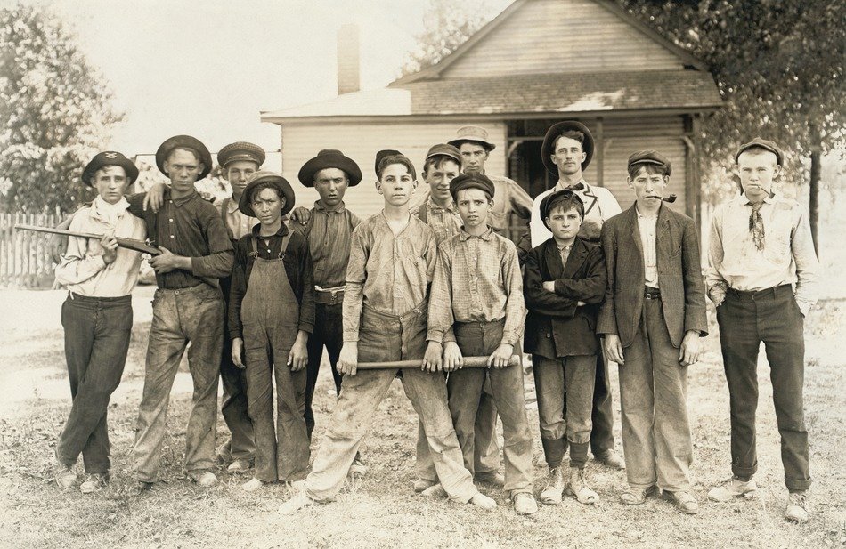 gang, group of boys with rifle and baseball bate, old photo
