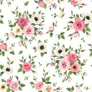 Seamless pattern with pink and white roses lisianthus anemone flowers