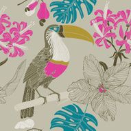 Seamless tropical floral pattern background with toucan bird