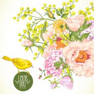 Spring Floral Bouquet with Birds Greeting Card