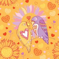 Seamless pattern with cute parrots in love and flowers