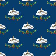 Christmas seamless with winter village on blue