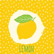 Lemon hand drawn sketched fruit with leaf on yellow background N2
