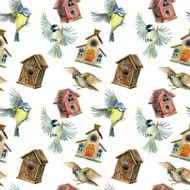 Flying birds and birdhouses seamless pattern
