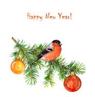Season greeting postcard with winter bird on christmas tree