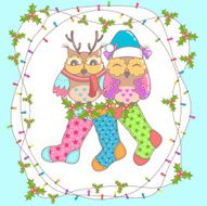 Christmas card with owls and socks on a blue background