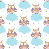 Seamless pattern with clouds and owls on a white background N2