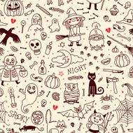 Halloween seamless pattern Pumpkin Ghosts Cats Skulls Bats and other
