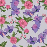 Seamless floral design with iris and peony