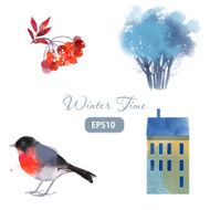 winter time set of house bullfinch rowanberry tree