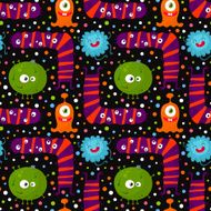 Cute funny seamless pattern with bright monsters on dark background N2