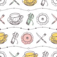 Plates and dishes seamless pattern on white background