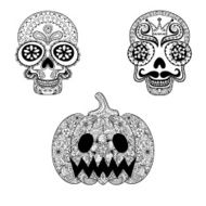 Hand drawn Skulls and Pumpkin in zentangle style Halloween tote N2