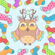 Christmas card with owl and socks on a blue background