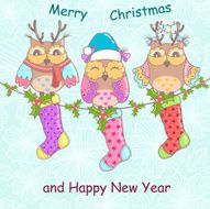 Christmas card with owls and socks on a blue background N3