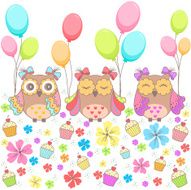 Beautiful pattern card with owls flowers cakes and balloons N2