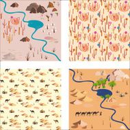 Set seamless desert pattern with river palms rocks and camels