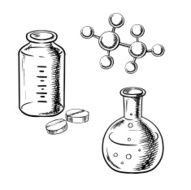 Flask bottle pills and molecular model sketch N2