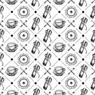 Plates and dishes seamless pattern in black white colors