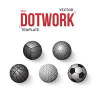 Set of Sport Balls Made Dotwork Style Halftone Vector Ball