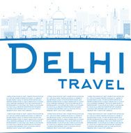 Outline Delhi skyline with blue landmarks and copy space