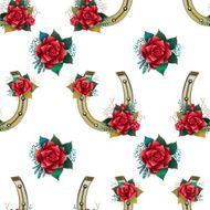 Seamless pattern with horseshoes rabbit foots red roses