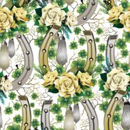 Seamless pattern with horseshoes rabbit foots roses and clover