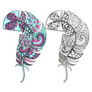 Zentangle stylized tribal color and monochrome feathers for coloring books N2