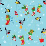 X-mas and New Year background with Birds holding Christmas stockings