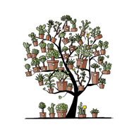 Art tree with plants in pots sketch for your design N4