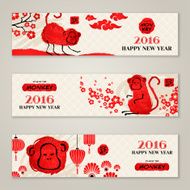 Horizontal Banners Set with Hand Drawn Chinese New Year Monkeys