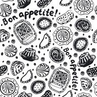Food pastry seamless pattern in black and white colors