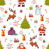 Christmas seamless pattern with Santa pine deer and other