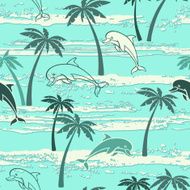 Seamless pattern with dolphins and palm trees Summer background