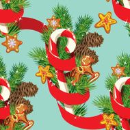 Seamless christmas pattern with gingerbread candy red ribbon