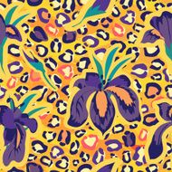 Animal floral seamless pattern Leopard skin and iris flowers background