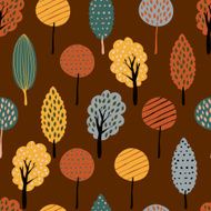 Vector seamless doodle background with textured fall trees N2