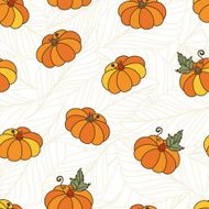 Hand drawn seamless vector pattern with orange pumpkins and leaves N2