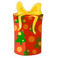 Red cylinder gift box with Christmas trees and yellow bow