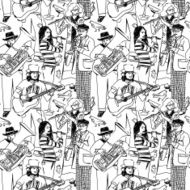 Group street musicians and birds seamless monochrome pattern