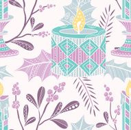 Christmas seamless pattern with mistletoe candles and holly leaves